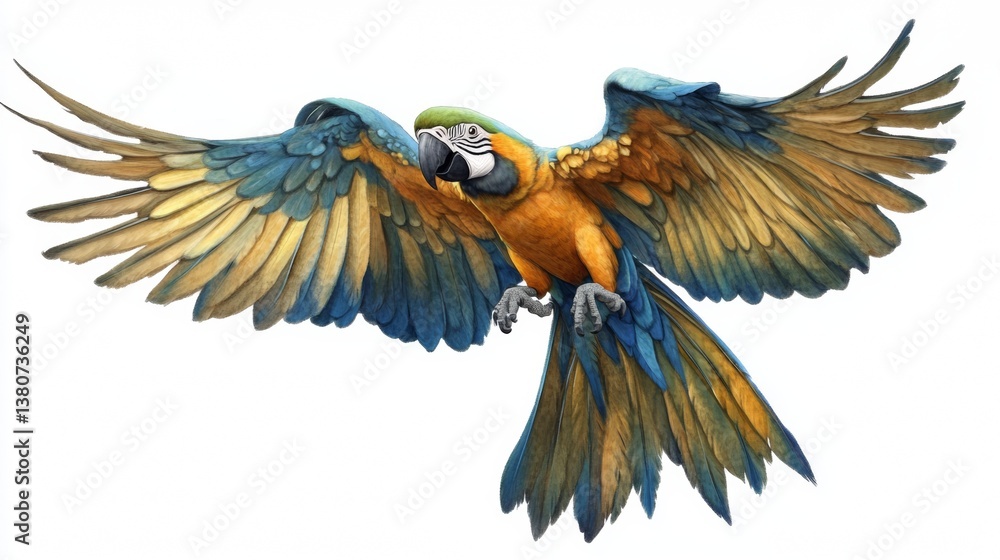 Fototapeta premium Colorful flying Blue and Gold Macaw parrot isolated on white background with clipping path.