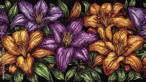 Vibrant Floral Arrangement with Lilies and Dew Drops on Black Background