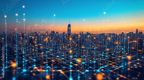 Wallpaper Mural Aerial view of a vibrant modern business district at dusk, with tall glass skyscrapers illuminated by city lights, captured in long exposure style with vivid blue and orange hues. Torontodigital.ca