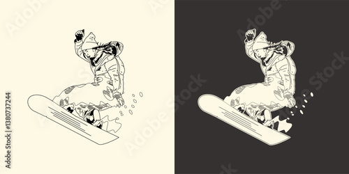 Snowboarding. Vector illustration of a jumping snowboarder. A snowboard athlete performs a trick. (03)