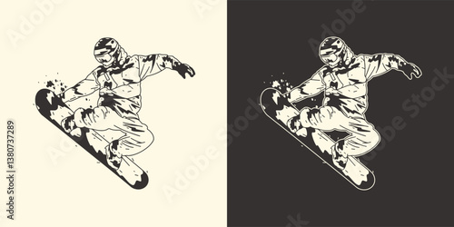 Snowboarding. Vector illustration of a jumping snowboarder. A snowboard athlete performs a trick. (01)