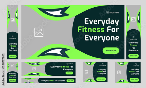 Minimallist fitness set of web banner template design for social media posts, abstract web cover, google ads bundle design template, fully editable vector eps file