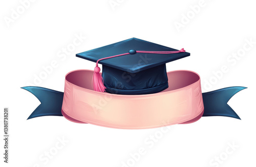 A digital illustration features a graduation cap with a pink tassel nestled within a light pink banner with dark blue ribbon ends, all on a transparent background.