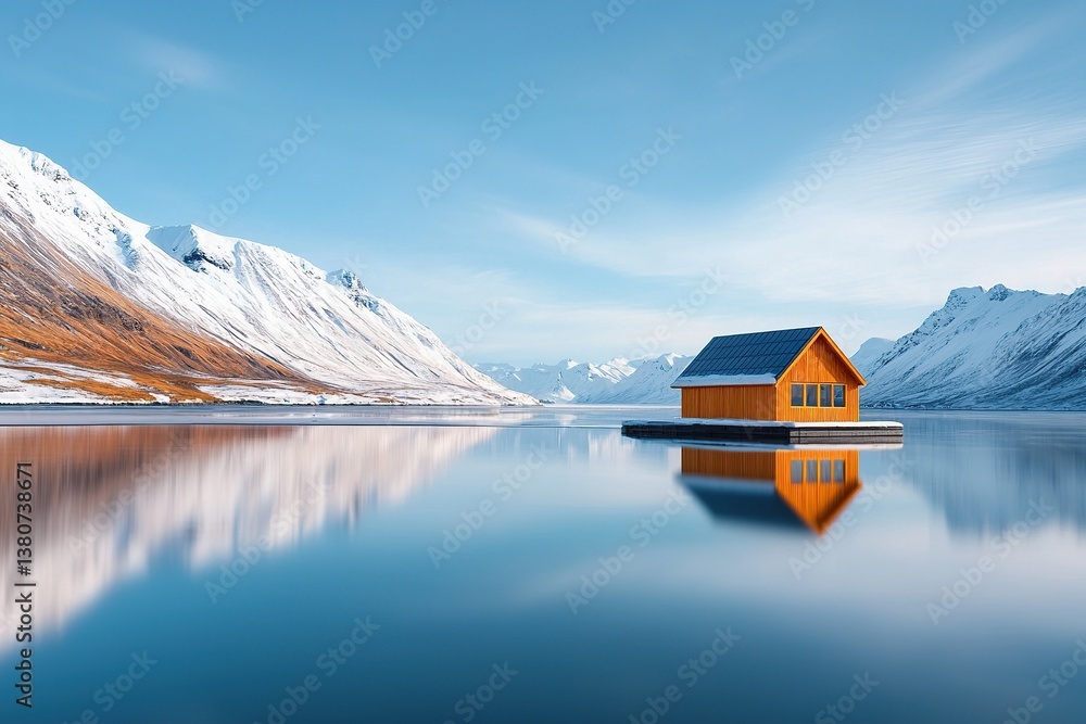 Fototapeta premium renewable energy, clean, climate, A serene cabin by a tranquil lake surrounded by snow-capped mountains.