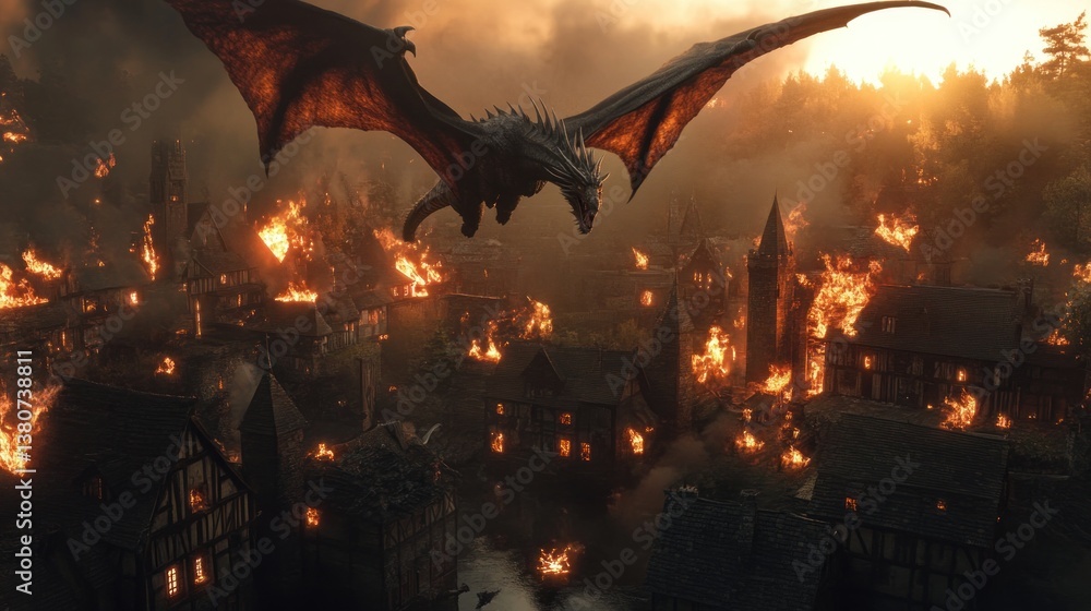 Obraz premium Dragon Flying Over Burning Village Spreading Flames with Dramatic Lighting
