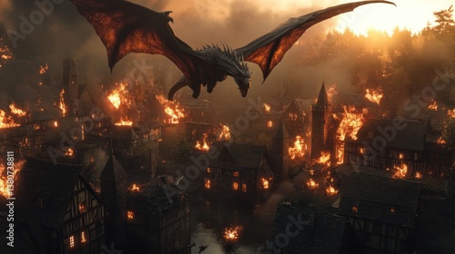 Dragon Flying Over Burning Village Spreading Flames with Dramatic Lighting