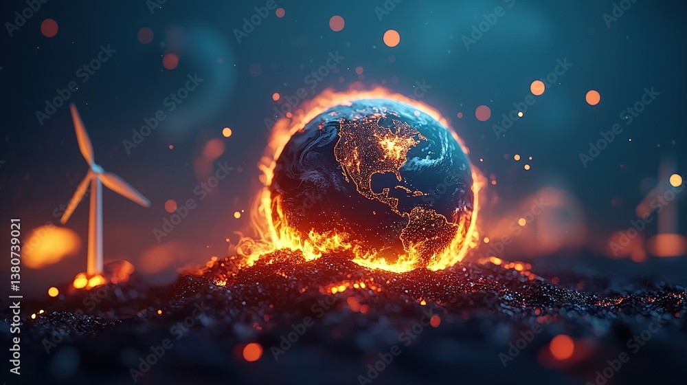 Obraz premium renewable energy, clean, climate, A glowing Earth surrounded by wind turbines, symbolizing energy and climate change.