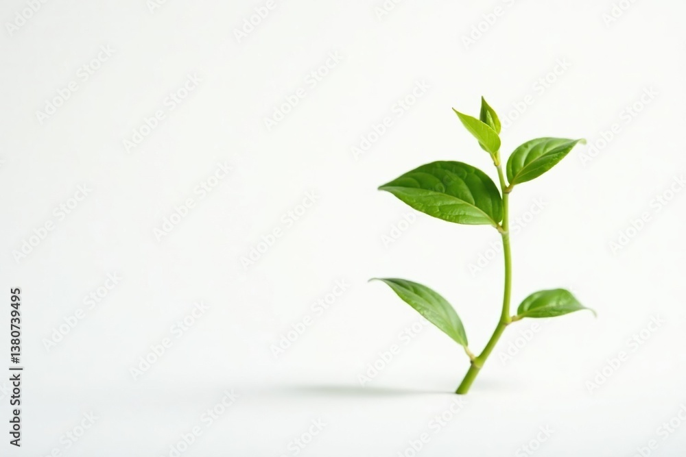 Fototapeta premium Single sprout, thin stem, bright foliage against pure white , fresh, botanical