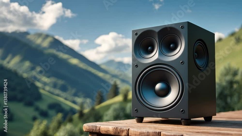 Acoustic sound speakers set against a mountainous natural backdrop. Multimedia, audio, and sound themes. Copy space available. Audio equipment. Close-up view.