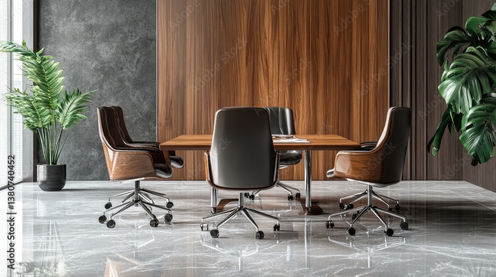 Fototapeta premium Luxury conference room with marble flooring, wooden accents, and high-end executive chairs around a polished table.