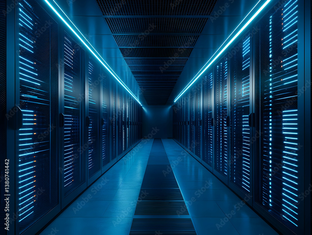 Data center server room corridor, technology infrastructure, blue lights, digital future Data center server room corridor, technology infrastructure, blue lights, digital future