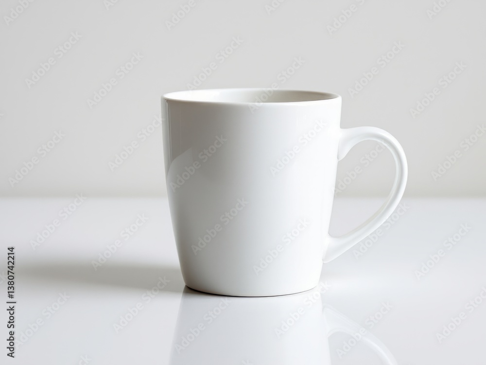 Obraz premium plain white ceramic mug with handle on the right side on a white background
