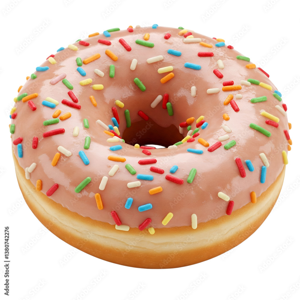 Delicious pink frosted donut with colorful sprinkles, a sweet bakery treat Delicious pink frosted donut with colorful sprinkles, a sweet bakery treat