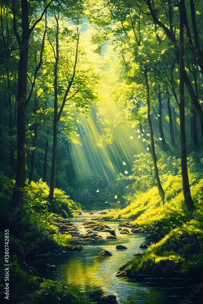 Fototapeta premium Tranquil Cascade: Sunlit Stream and Forest Symphony in Harmony