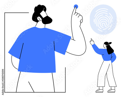 Two individuals activate fingerprint scanner with touch gestures, emphasizing digital identification and security. Ideal for technology, innovation, biometric access, privacy, identity