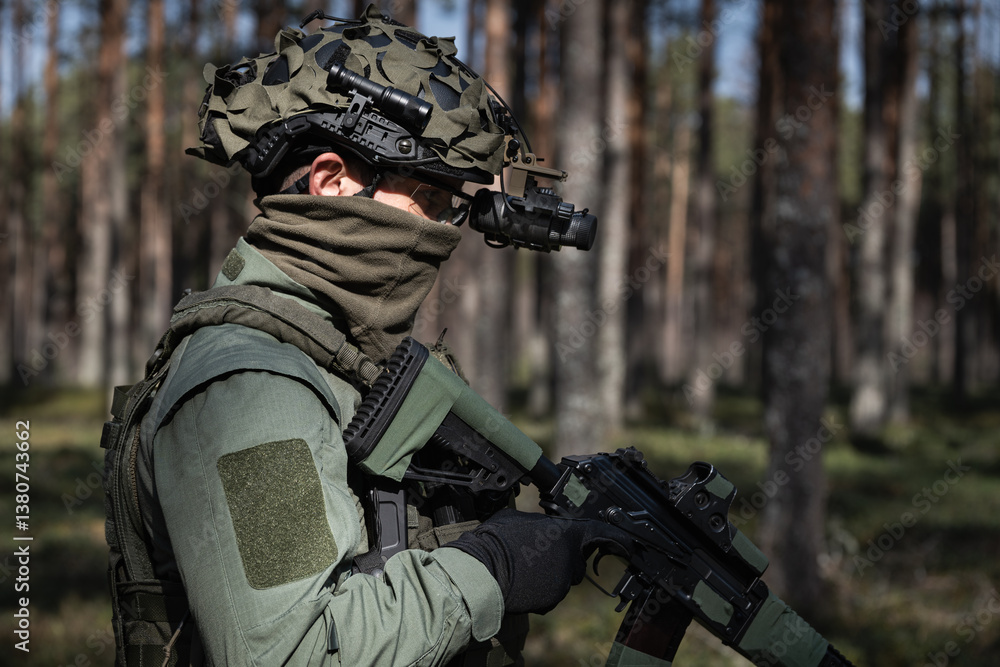 Fototapeta premium Soldier in tactical gear and helmet with NVG in the forest, side view.