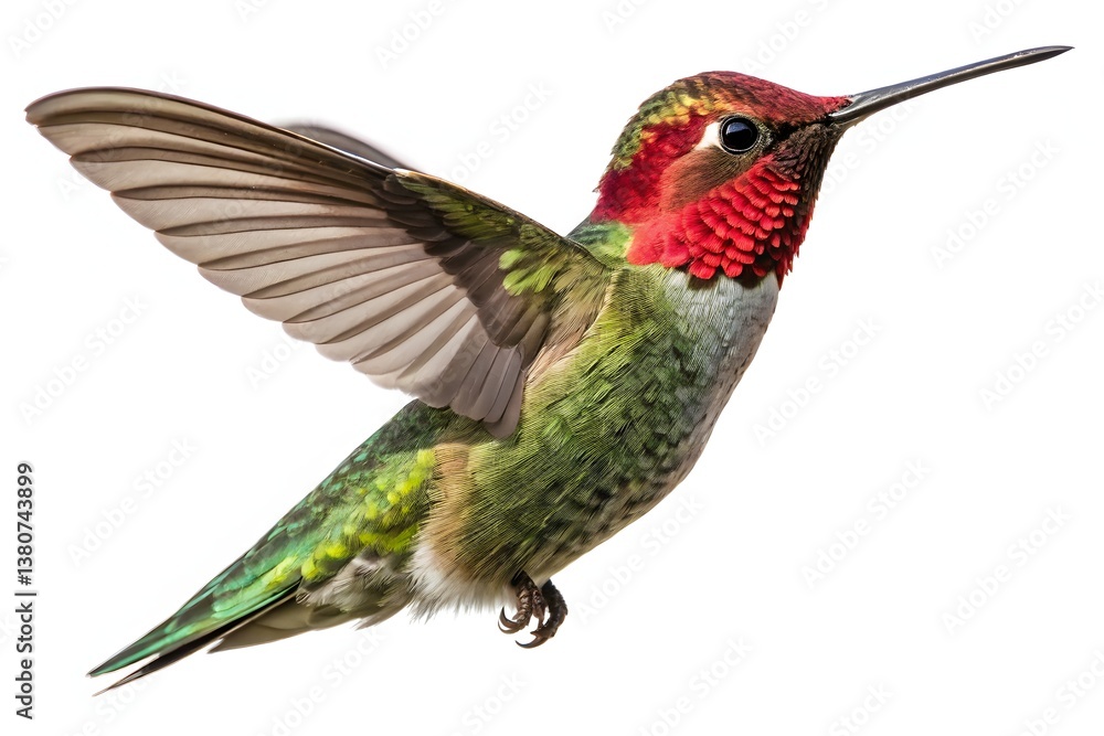 Fototapeta premium A small ruby-throated hummingbird in flight, wings blurring, hovers isolated against a white backdrop