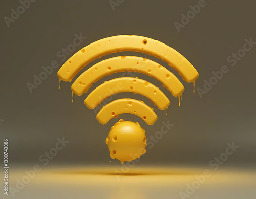 Creative cheese Wi-Fi icon with textured yellow design on a plain white background combines food themes and technology, symbolizing connection and culinary creativity. Ideal for tech branding or playf