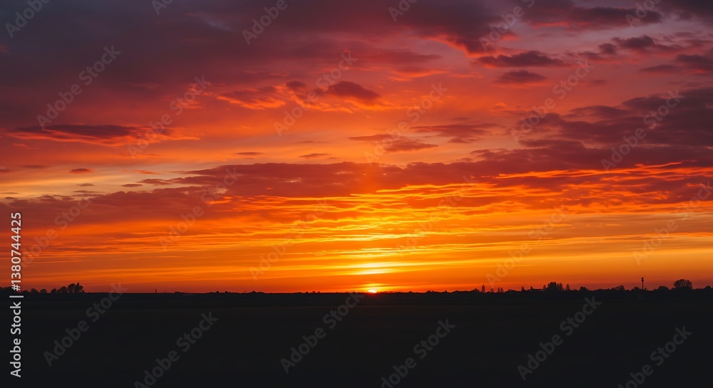 Naklejka premium Fiery Sunset Sky over Silhouetted Landscape AI Generated