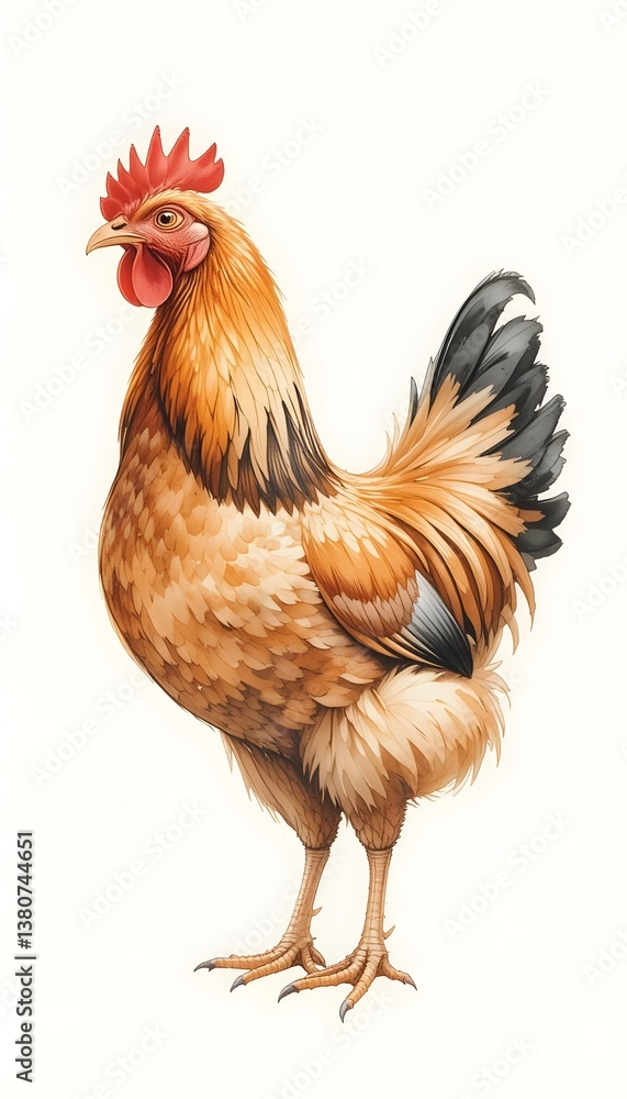 Fototapeta premium A Stunning Portrait of a Golden Rooster Against a White Background: A Detailed Illustration of Poultry