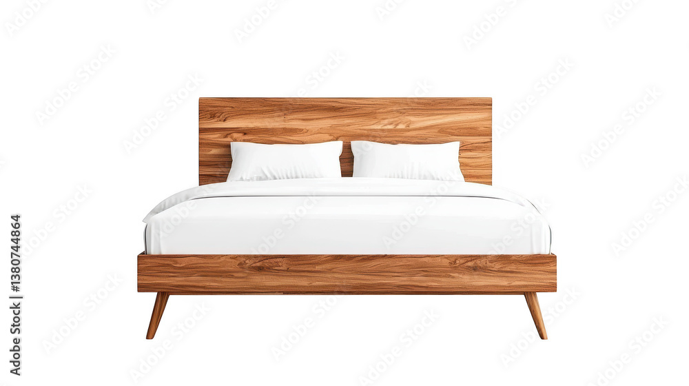 Inviting wooden bed with crisp white sheets, a haven for restful sleep and cozy relaxation Inviting wooden bed with crisp white sheets, a haven for restful sleep and cozy relaxation