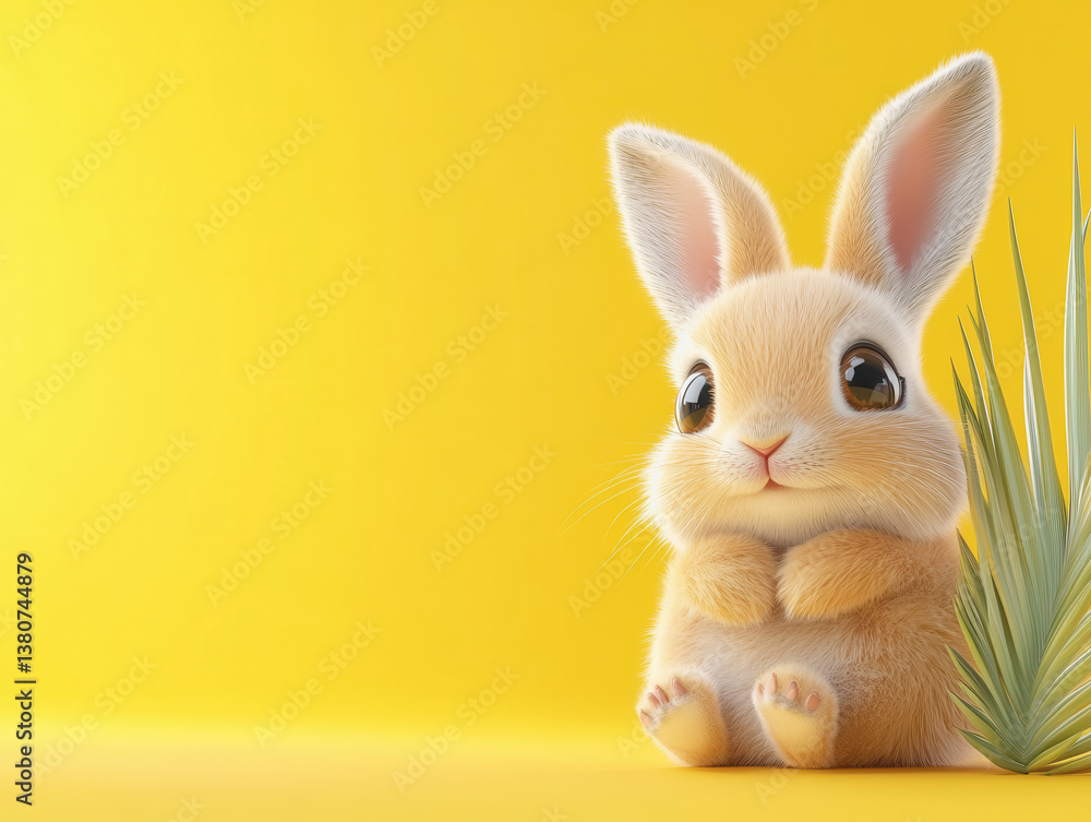 Obraz premium Adorable small desert hare sitting next to a green plant in a natural outdoor setting with lush vegetation