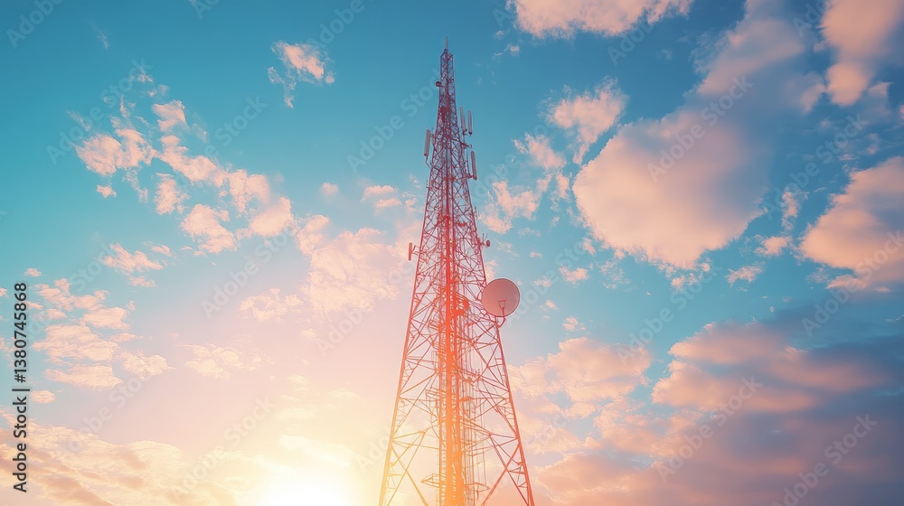 Tall communication tower against sunset sky. Tall communication tower against sunset sky.