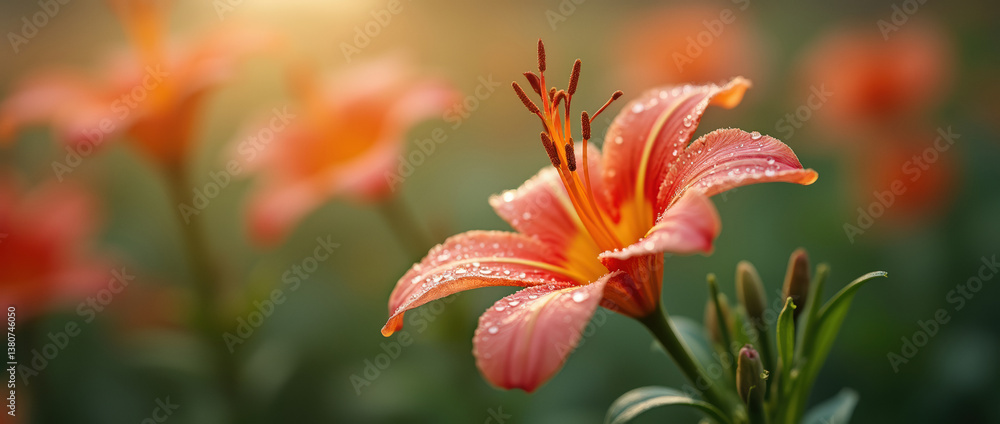 Fototapeta premium Beautiful blooming orange lily in morning sunlight