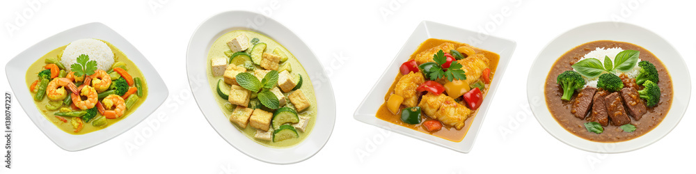 Four plates of colorful curry dishes with varied ingredients. Four plates of colorful curry dishes with varied ingredients.