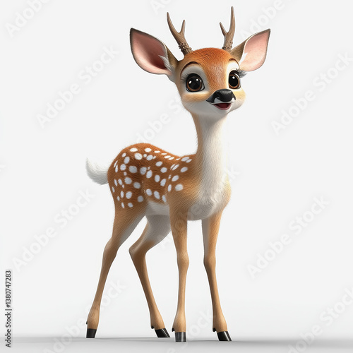 A sweet baby deer with big eyes standing innocently in a lush green forest surrounded by trees and nature