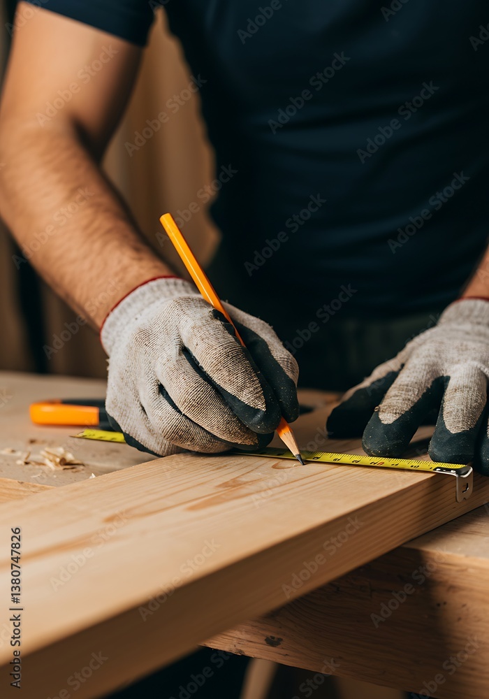 Carpenter Marking Wood with Pencil and Tape Measure