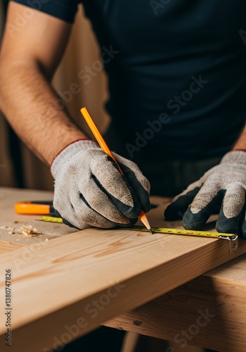 Obraz na płótnie Carpenter Marking Wood with Pencil and Tape Measure w salonie