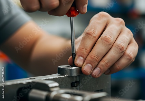 Close-up of a worker using a screwdriver in a manufacturing setting.
