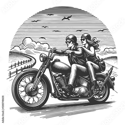 Biker couple riding motorcycle into sunset vector
