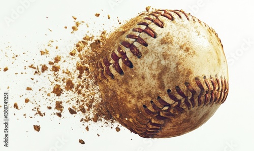 Dirty baseball disintegrating mid-air on white background, sports concept