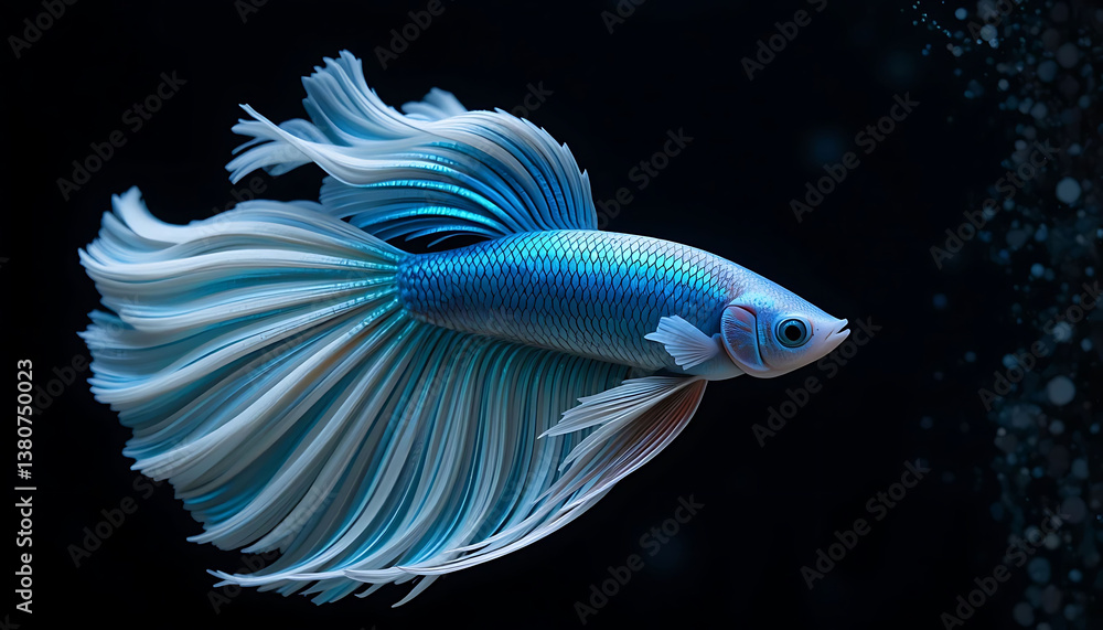 Fototapeta premium Elegant Blue Betta Fish with Flowing Fins on Black Background