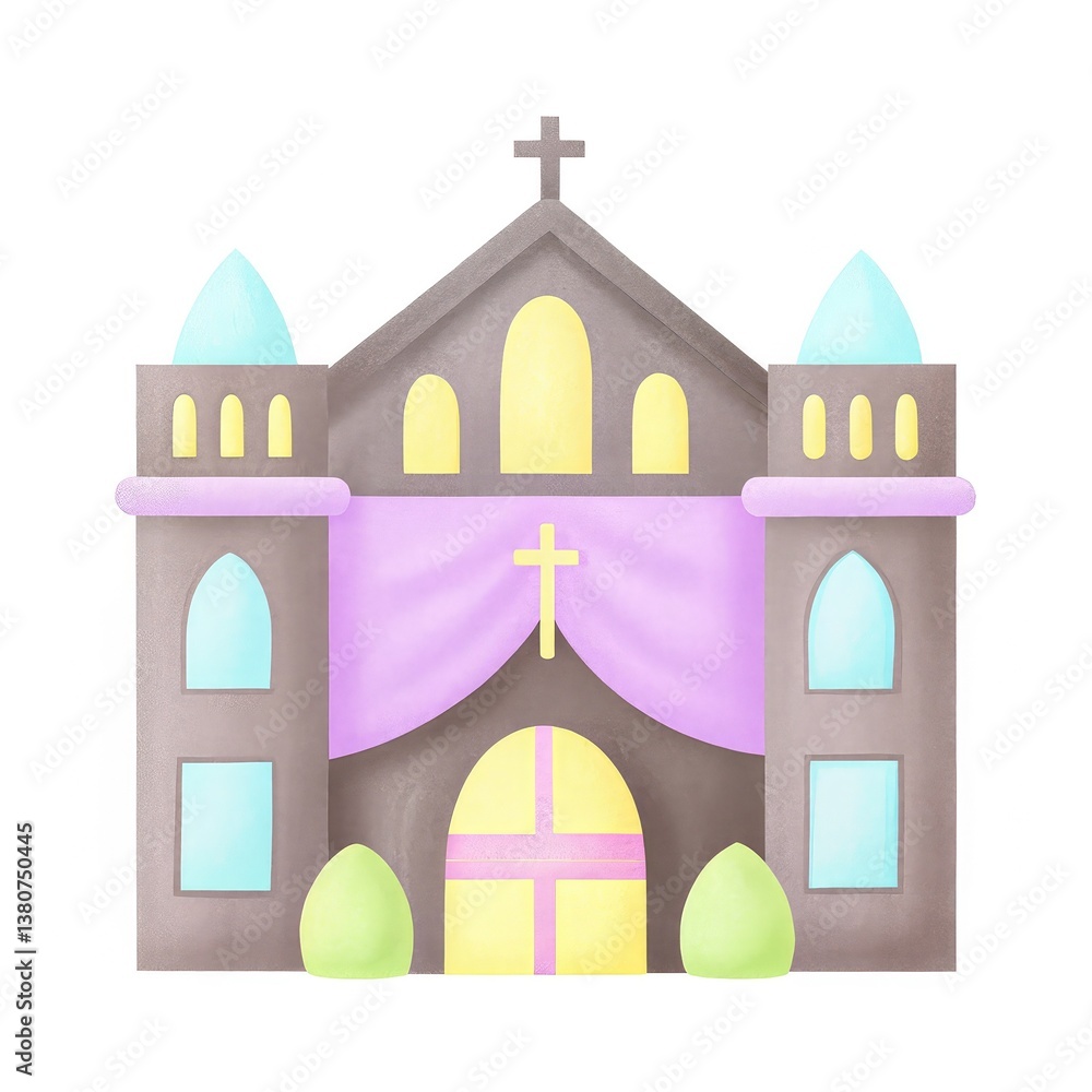 Easter lent sacred. Colorful illustration of a church with decorative elements and a cross, featuring a playful design and soft pastel colors. isolated on white background Easter lent sacred. Colorful illustration of a church with decorative elements and a cross, featuring a playful design and soft pastel colors. isolated on white background