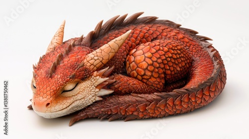 A curled-up red dragon sleeping, tail wrapped around its body, peaceful expression