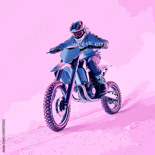 A bright, vibrant motocross vector art image on a white flat background, utilizing strong hard lig
ht, lively colors, and direct harsh shadows