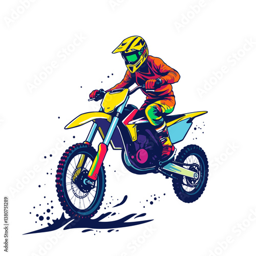 A bright, vibrant motocross vector art image on a white flat background, utilizing strong hard lig
ht, lively colors, and direct harsh shadows