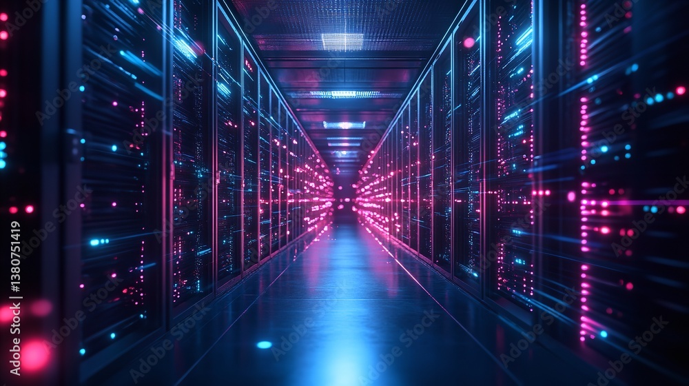 Futuristic server room corridor glowing with vibrant pink and blue lights showcasing high tech data processing and Futuristic server room corridor glowing with vibrant pink and blue lights showcasing high tech data processing and