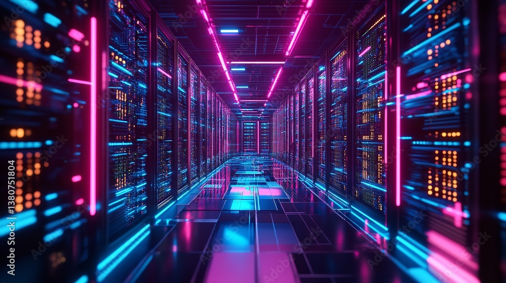Futuristic server room glowing with vibrant neon lights a captivating digital landscape of powerful technology and Futuristic server room glowing with vibrant neon lights a captivating digital landscape of powerful technology and