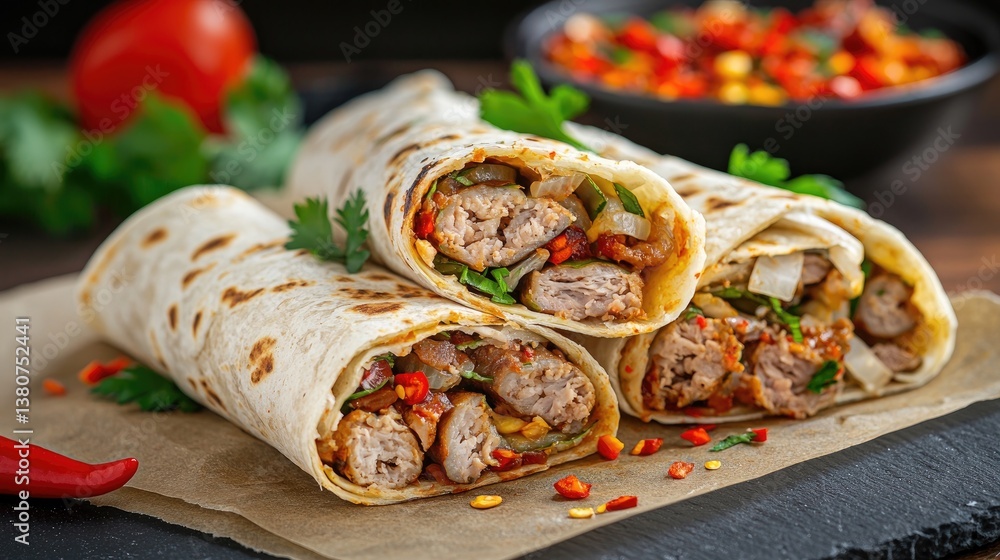 A doner wrap placed on parchment paper, garnished with chili flakes and herbs. A doner wrap placed on parchment paper, garnished with chili flakes and herbs.