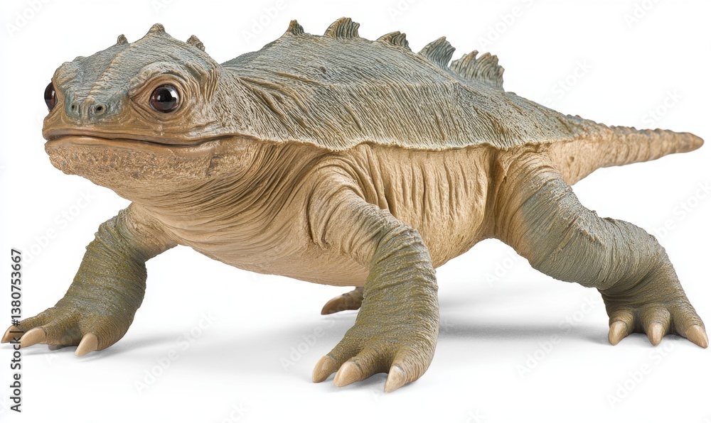 Fototapeta premium Prehistoric dicynodont reptile walking on white background, educational toy