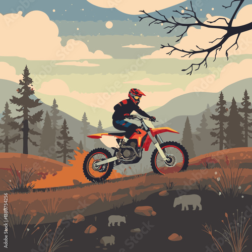 A bright, vibrant motocross vector art image on a white flat background, utilizing strong hard lig
ht, lively colors, and direct harsh shadows