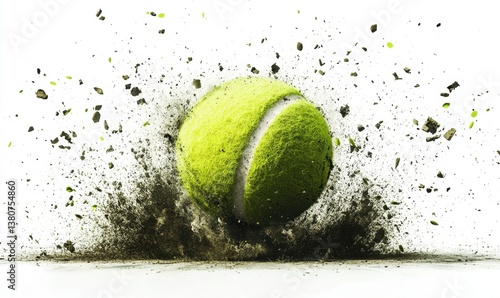 Tennis ball exploding dirt on white background, sports action shot