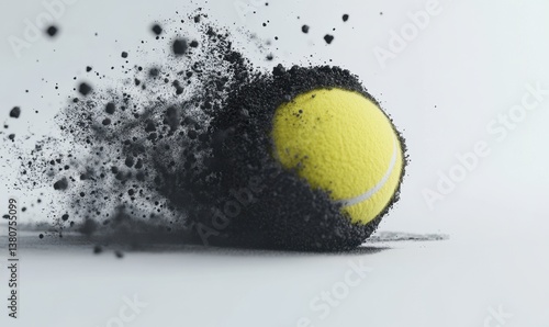 Fototapeta Naklejka Na Ścianę i Meble -  Tennis ball exploding with dark particles on white background, sports action image