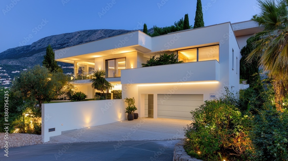 Obraz premium A high-end modern white house with a garage, illuminated by soft evening lighting.