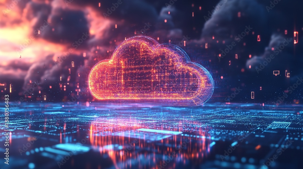 Futuristic glowing cloud data network digital transformation vibrant neon colors dramatic sky backdrop Futuristic glowing cloud data network digital transformation vibrant neon colors dramatic sky backdrop