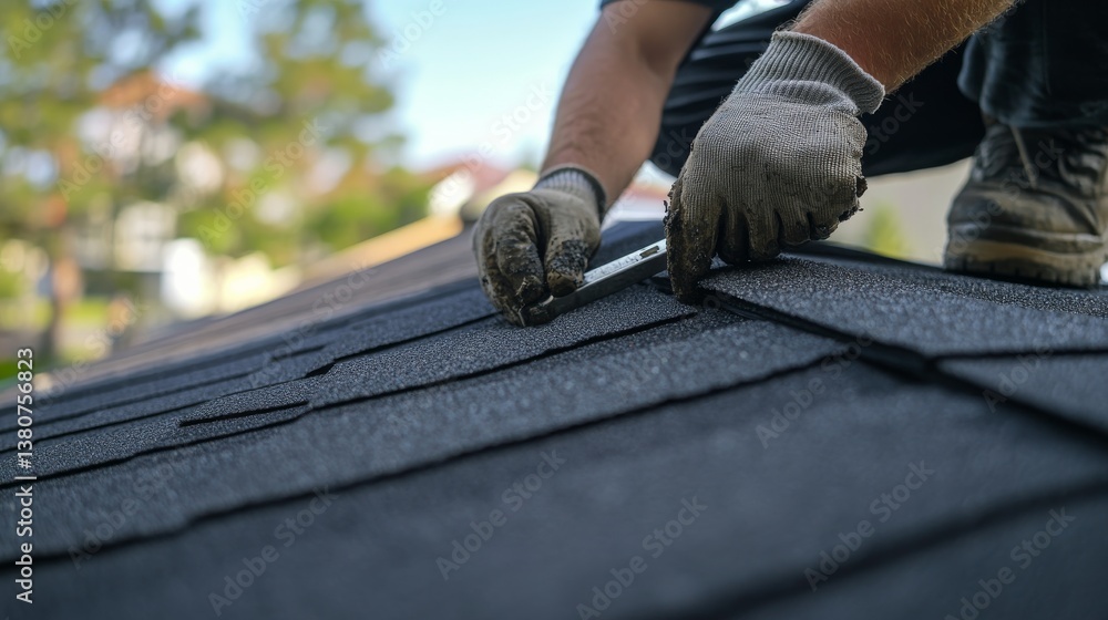 A construction worker fixing a roof leak at a construction site. Featuring problem-solving and skill A construction worker fixing a roof leak at a construction site. Featuring problem-solving and skill